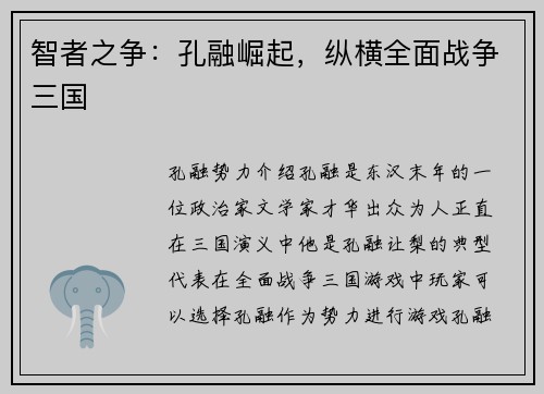 智者之争：孔融崛起，纵横全面战争三国