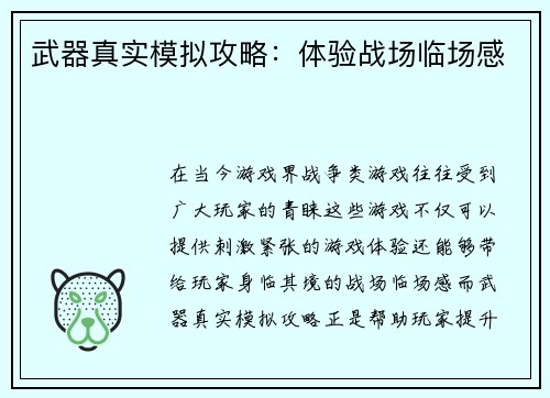 武器真实模拟攻略：体验战场临场感